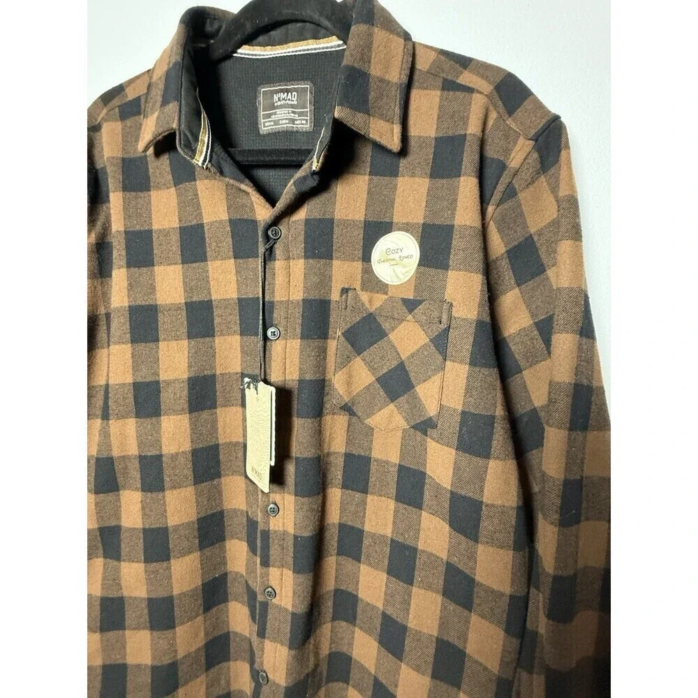 Nomad Cozy Thermal Lined Flannel Mens Medium Brown Black Shirt Shacket Button Up